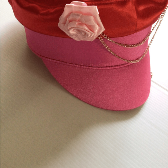 NEW! Rare Upcycled Satin Red and Pink Cap with Chain and Flower main image 5